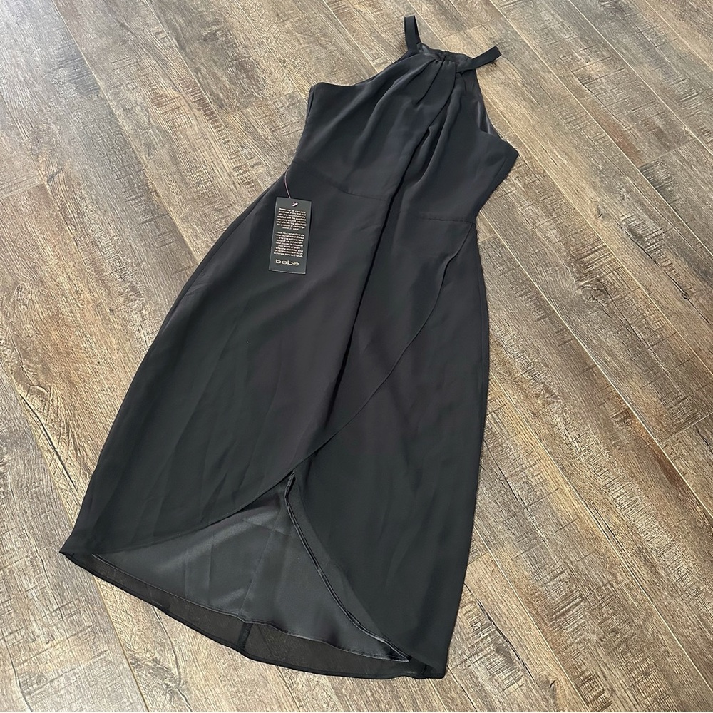Bebe New With Tags Black High Low Midi Dress Size 8 High Neck Women’s Sleeveless